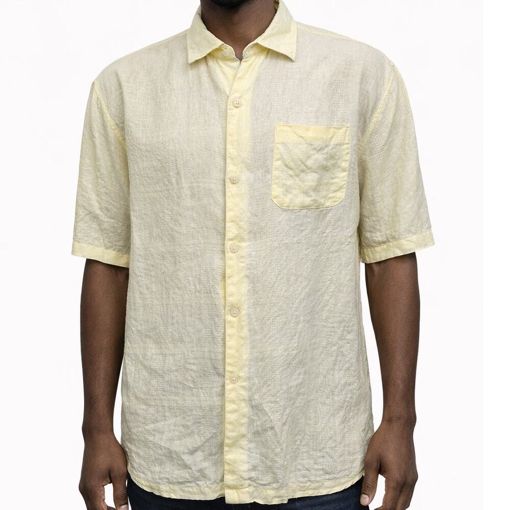 TOMMY BAHAMA Linen Shirt Men XL Short Sleeves Butter Yellow Textured Plaid